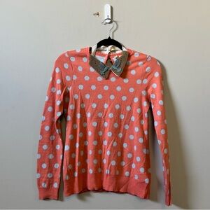 MOTH Anthropologie polka dot silk blend blue bird beaded fuzzy collar sweater